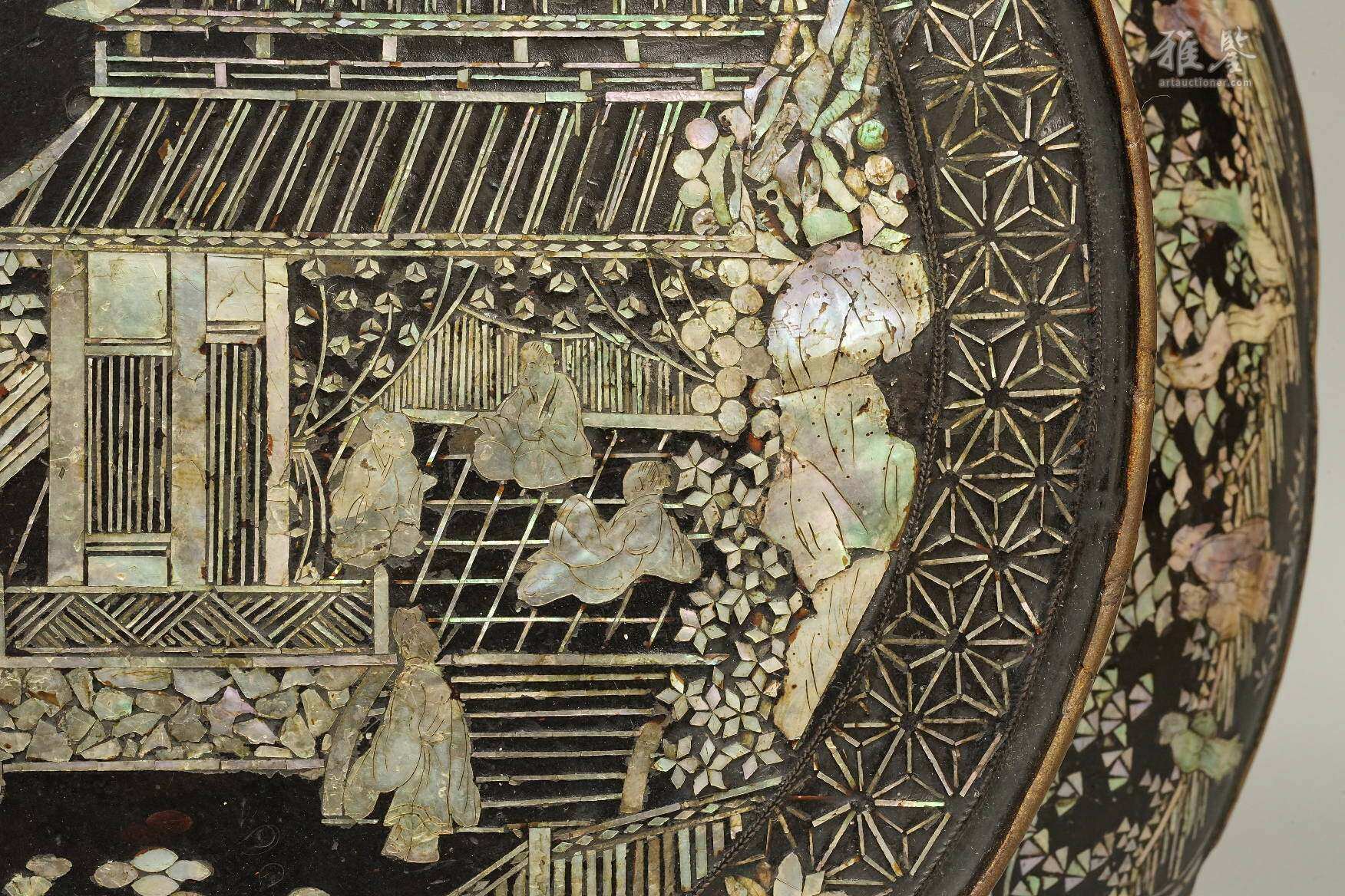 明代 青贝螺鈿嵌 大漆人物香几 本物保证 日本桐箱附