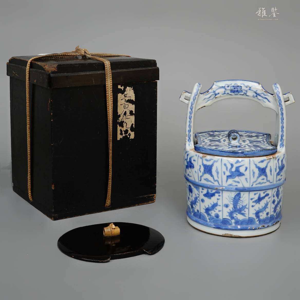 明代嘉靖 青花水指 双盖 日本黑漆原盒 本物保证